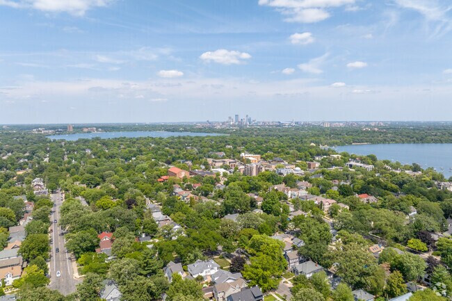 An aerial overview shot of the Linden Hills neighborhood.