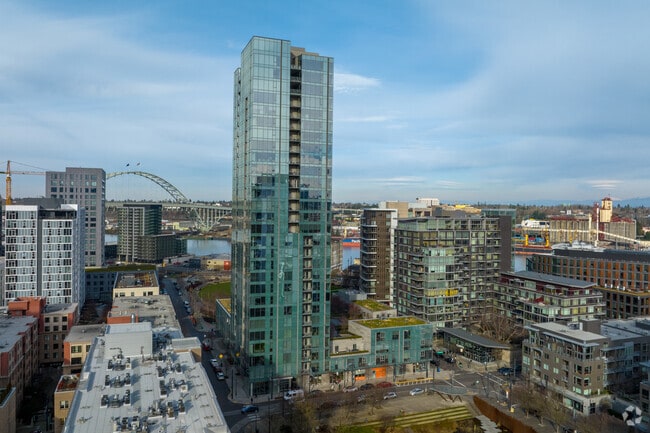 Modern condominiums are as tall as commercial skyscrapers in Pearl District, Portland, Oregon.