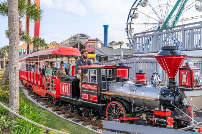 A train located in the Kemah Boardwalk periodically takes visitors for rides.