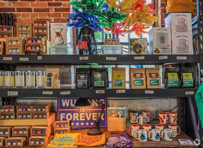 Curiosity Coffee Bar sells bagged coffee and many other coffee lover trinkets in  Cottontown.