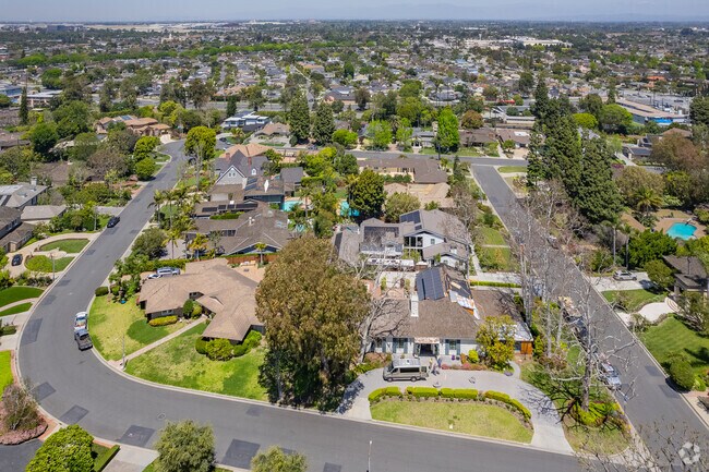 A bird's eye view of Park Estates highlights the beautiful landscaping and sprawling yards.