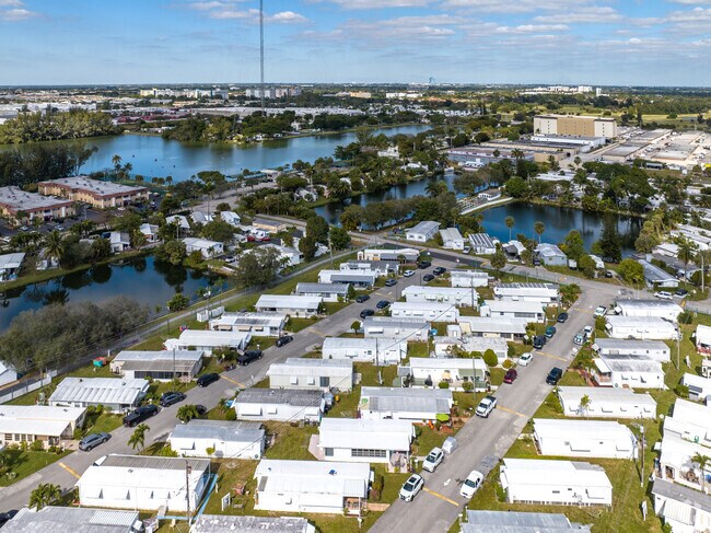 Aerial view of a mobile home neighborhood.