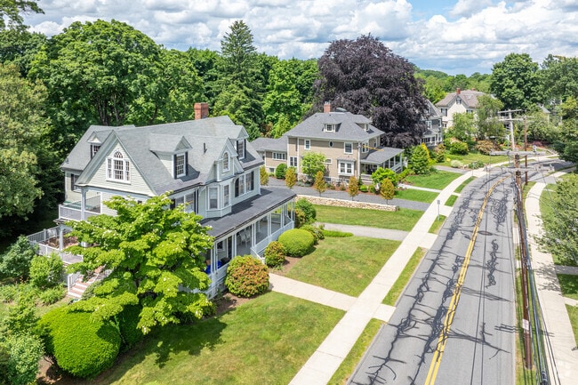 An aerial row of contemporary homes in the Munroe Hill neighborhood of Lexington, MA.