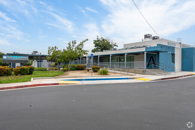 The inviting main entrance of Madison Elementary School welcomes students and visitors alike.