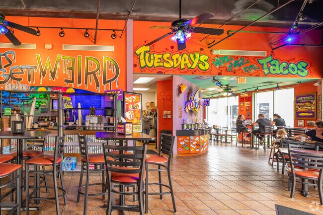 Tijuana Flats near Timberlake features colorful décor and outdoor seating.