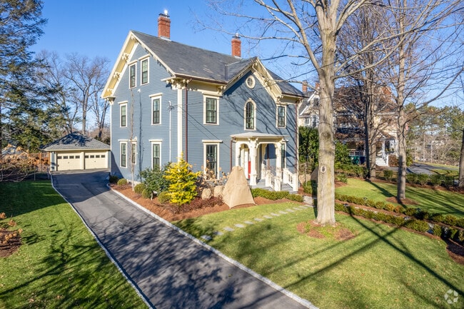 A grouping of classic New England style homes in the Auburndale neighborhood of Newton, MA.