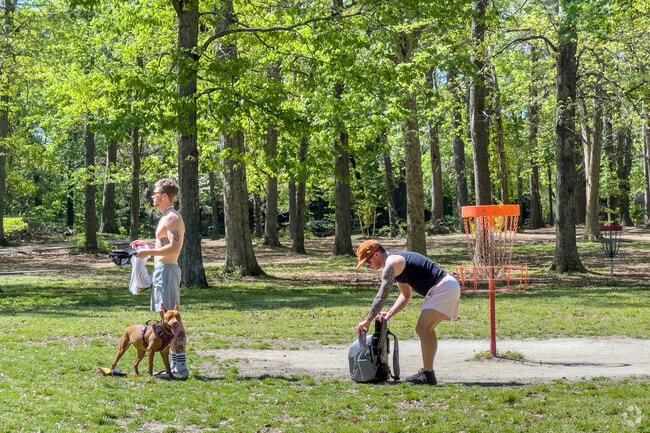 Friends enjoying a disc golf course near Birdneck.