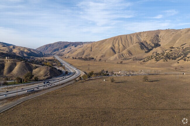 Scenic Highway 5 bisecting a mountain valley in the heart of Lebec.