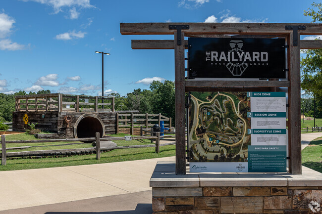 The Railyard in nearby downtown Rogers has multiple difficulties of pump tracks for cyclists.