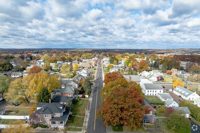 Tree-lined streets stretch toward hills near Telford.