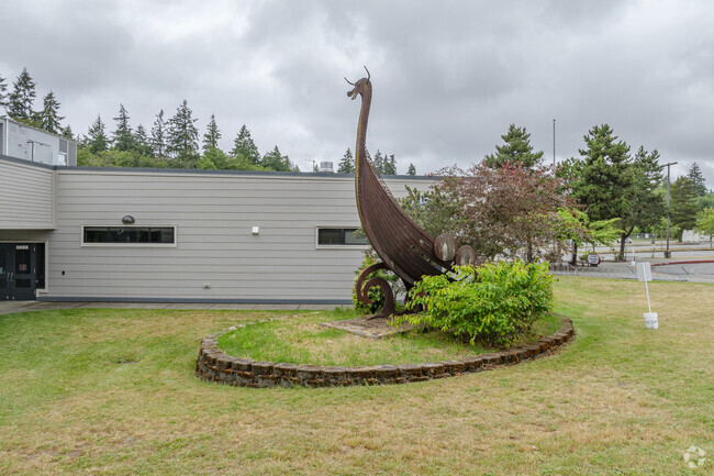 Metal art of a dragon outside Poulsbo Elementary School.