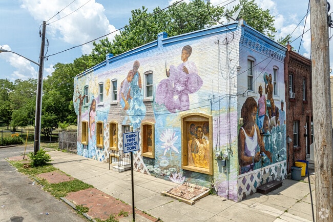 Many large-scale murals can be seen throughout the Waterfront South district of Camden.