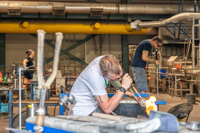 West Windsor residents can observe the master craftsman blowing glass at Simon Pearce.