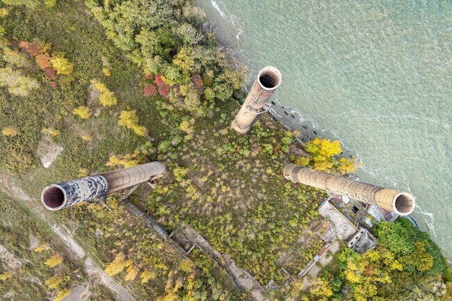 The Three Sisters Stacks found along Lake Erie are remnants of the Hammermill Paper Plant.