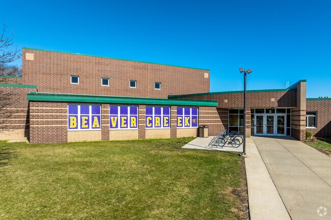 The secondary entrance of Beaver Creek Elementary shows off the school colors.