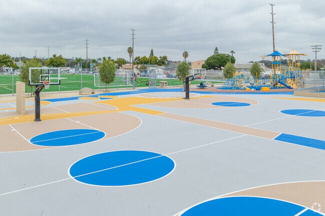 King-Chavez Primary Academy colorful basketball court in the center of the school.