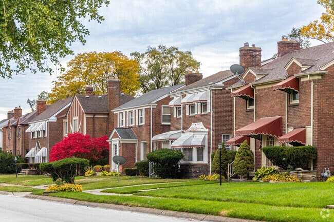 Two-story brick homes line the streets of Detroit’s Hubbell-Puritan neighborhood.
