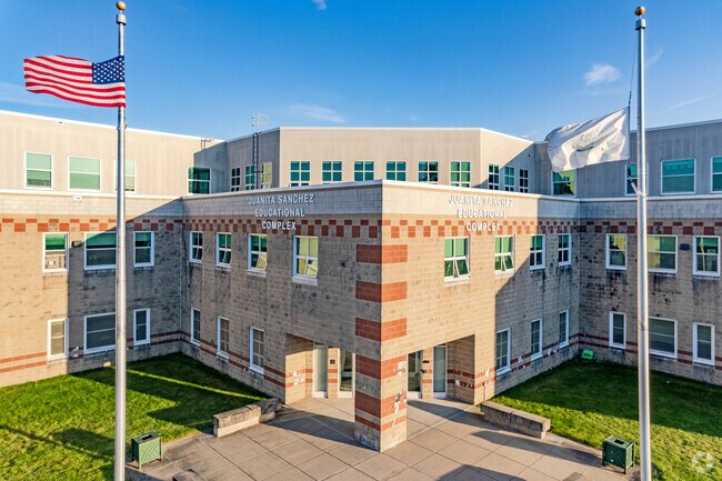 Entrance to Juanita Sanchez Educational Complex located in Lower South Providence, RI.