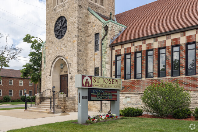 St Joseph Elementary School signage and church entrance in the city of Trenton.