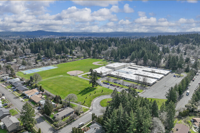 Aerial view of Highland Park Middle School in Beaverton, Oregon.