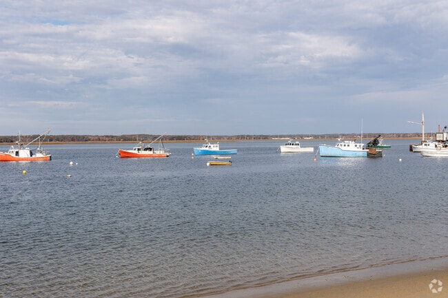 Boats are anchored offshore in Hampton.
