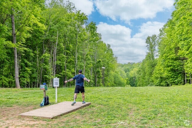 Disc golfers can play 18 holes at the Rotary Park disc golf course in Clarksville.