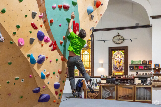 Brimstone Boulders once a 19th-century church has since been renovated into a rock-climbing gym.