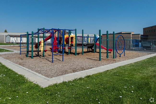 Primary colors pop at Columbia Elementary School’s playground.