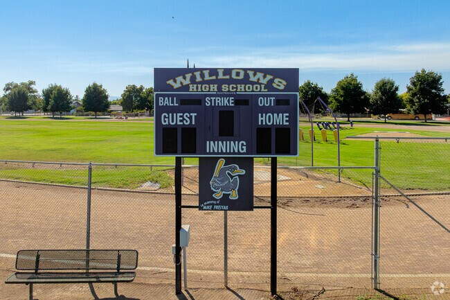 The Willows High School scoreboard keeps track of the baseball score.