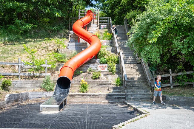 Pierce Beach Park in Pottersville, MA, delights children with its iconic Big Red Slide.