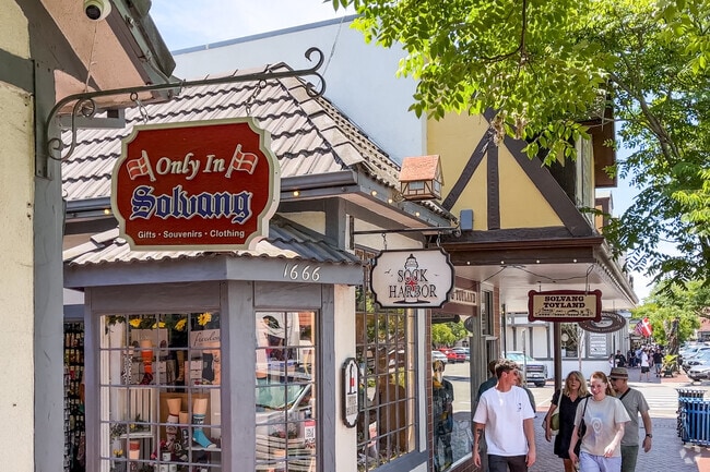 Half‑timbered, steep‑gabled buildings reflect Solvang’s Danish roots.