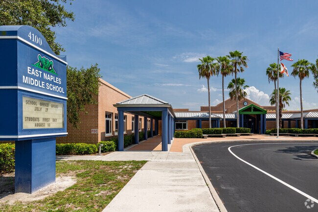 East Naples Middle School has a circular driveway in front of the main entrance.