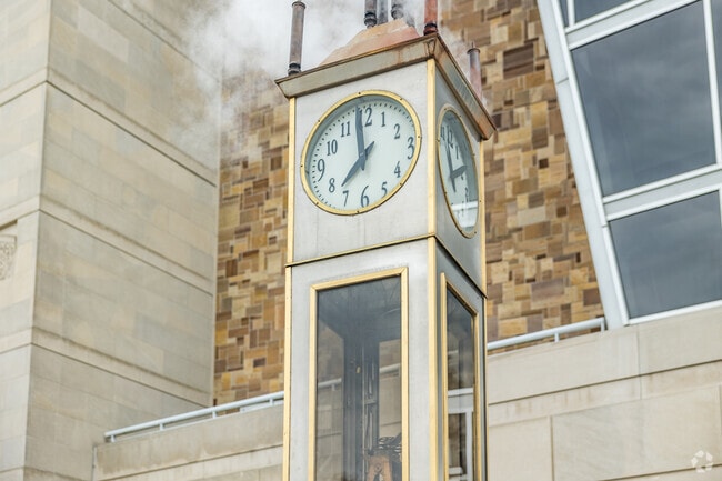 At the top of the hour, this steam-powered clock's whistles play 