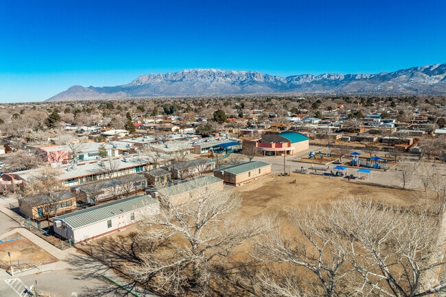 Zuni Elementary School and the Sandia Mountains.