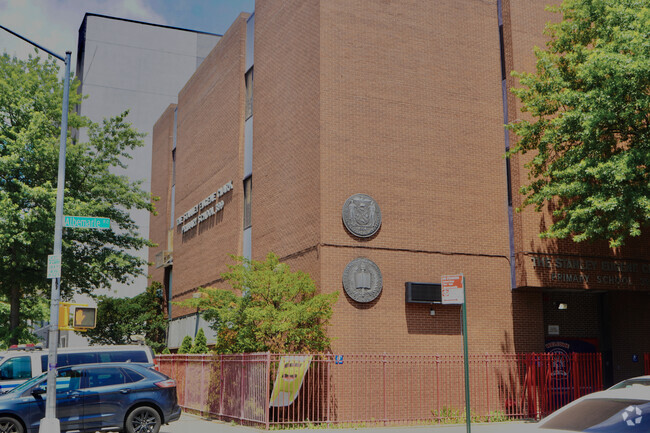 View of the front of P.S. 399 in Flatbush-Ditmas Park, in East Flatbush, New York.