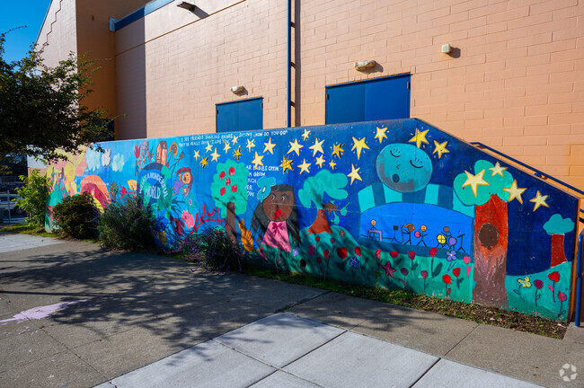 Dr. Charles R. Drew College Preparatory Academy has beautiful murals on its exterior.