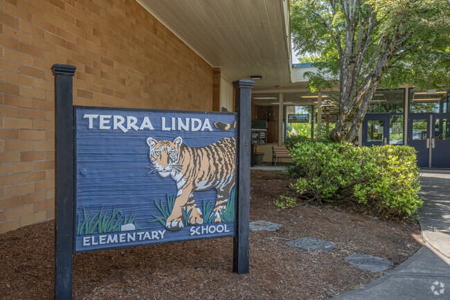 The school's mascot welcomes students to Terra Linda Elementary School  Portland, Oregon.