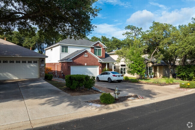 Contemporary brick two-story homes are common across Sendera.