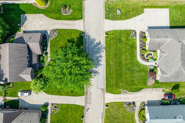 Cotillion Village features trimmed lawns with shaded trees and eclectic architecture.