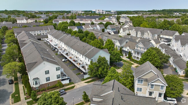 Aerial overview of a village like townhome neighborhood in Kentlands, Maryland
