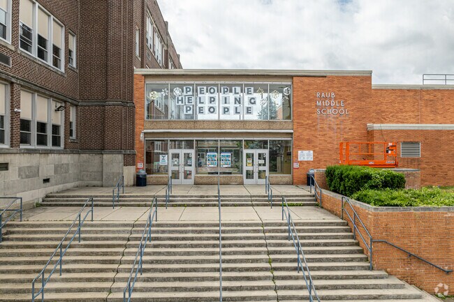 Students enter Francis D Raub Middle School through a newer entrance on the NW side.