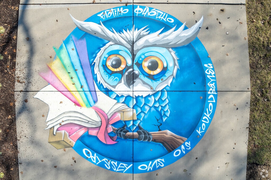 An owl themed mural at Odyssey Charter School.