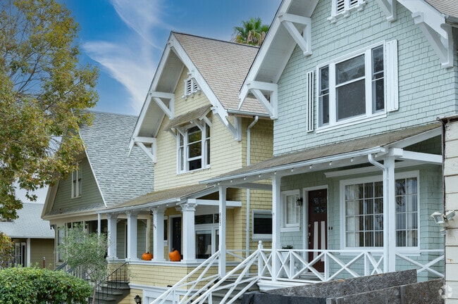 French influenced homes sit close in a row creating a friendly neighborhood in Downtown Vallejo.