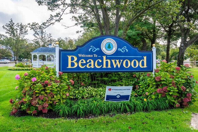 The Beachwood welcome sign is prominently displayed at the entrance to Beachwood, New Jersey.