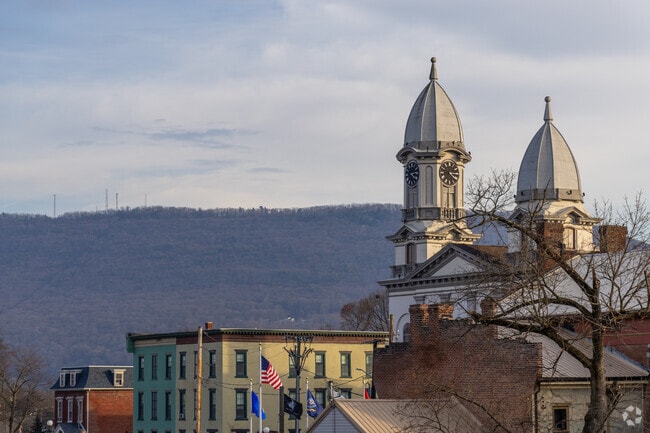 Notable municipal buildings rise above Lock Haven's low skyline.