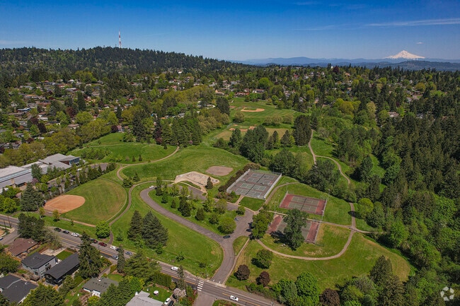 Aerial view of the many facilities at Gabriel Park in Multnomah, Portland.