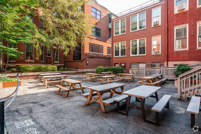 The inside of Presentation Academy shows lots of outdoor seating for lunch.