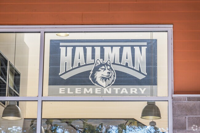 The entrance to Hallman Elementary School has the great logo welcoming students.