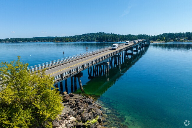 The bridge to Fox Island offers a scenic view of the island.