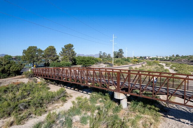 A pedestrian bridge stretches across the Rillito River in Rillito Bend.